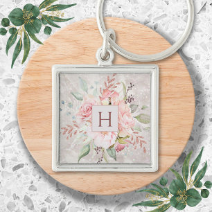 Porte-clés Monogramme Elégant rose Peony Floral Marbre