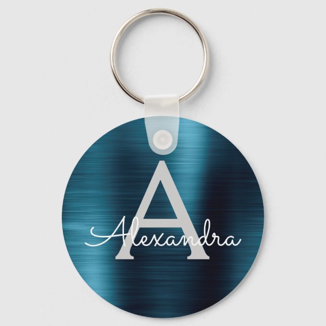 Porte-clés Monogramme en acier inoxydable faux moderne bleu (Recto)