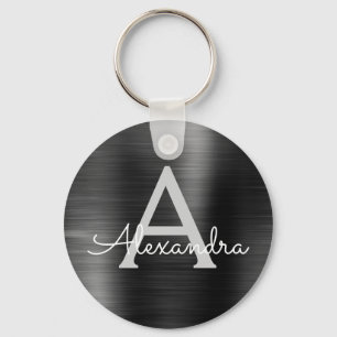 Porte-clés Monogramme en acier inoxydable faux moderne noir