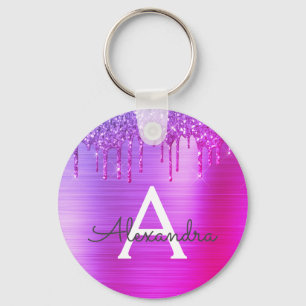 Porte-clés Monogramme en acier inoxydable pailleté rose viole