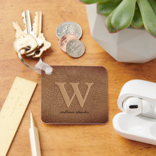 Porte-clés Monogramme en cuir marron rustique stylisé nom de