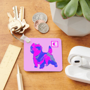 Porte-clés Monogramme en silhouette rose et bleue du chien de