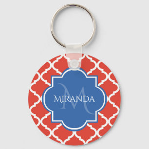 Porte-clés Monogramme et nom bleu Quatrefoil rouge tendance