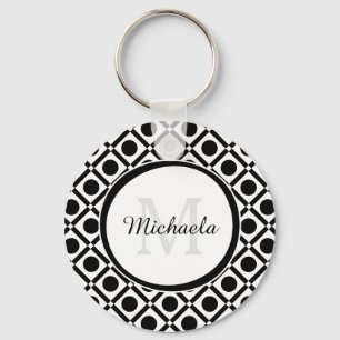Porte-clés Monogramme et nom géométrique noir et blanc modern