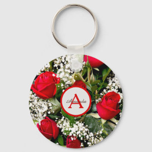 Porte-clés Monogramme et nom sur bouquet de roses rouges mode