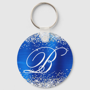 Porte-clés Monogramme fantaisie argent pailleté bleu royal