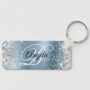 Porte-clés Monogramme fantaisie en paillettes d'argent sur fo