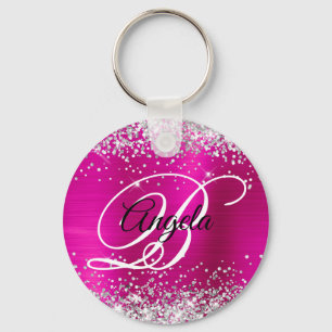 Porte-clés Monogramme fantaisie pailleté argent rose chaud