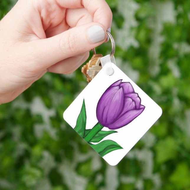Porte-clés Monogramme Fleur de Tulipe Violette au Dos (main)