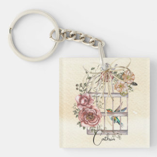 Porte-clés Monogramme fleurs d'aquarelle naturelle et cage d'