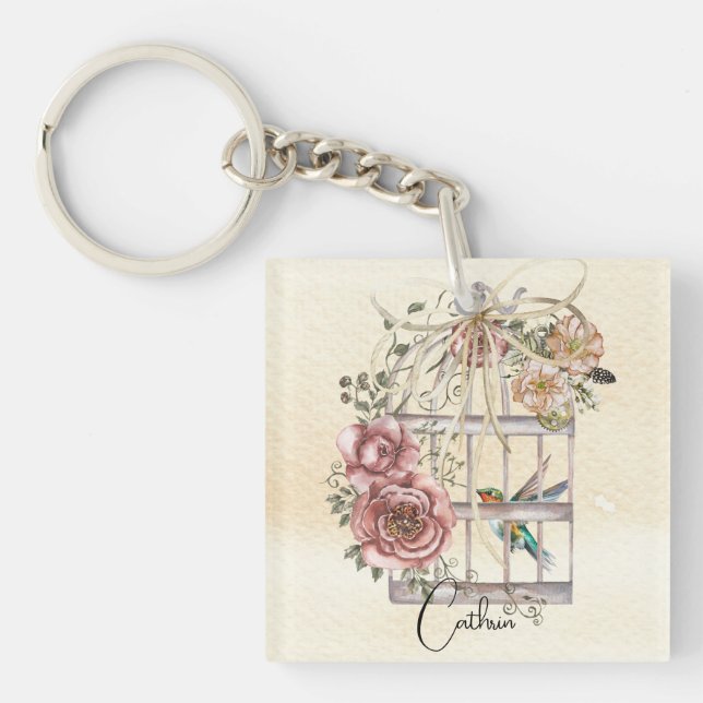 Porte-clés Monogramme fleurs d'aquarelle naturelle et cage d' (Devant)