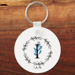 Porte-clés Monogramme floral bleu - Lettre I