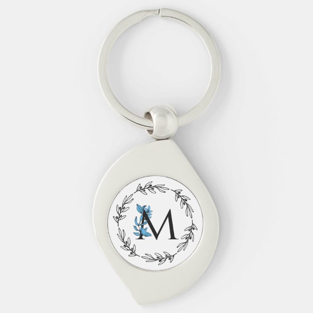 Porte-clés Monogramme Floral Bleu - Lettre M (Devant)