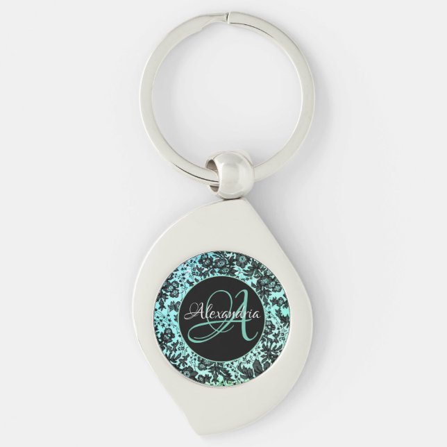 Porte-clés Monogramme floral bleu turquoise et noir (Devant)