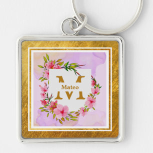 Porte-clés Monogramme floral élégant I Nom & Initiale