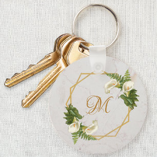 Porte-clés Monogramme Floral Marbre Or Calla Lilies Initiale