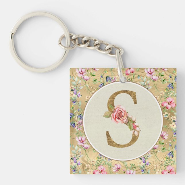 Porte-clés Monogramme floral personnalisé, de A à Z (Devant)