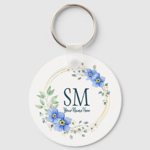 Porte-clés Monogramme floral personnalisé Fleurs bleues sauva