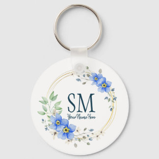 Porte-clés Monogramme floral personnalisé Fleurs bleues sauva