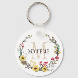 Porte-clés Monogramme floral personnalisé Fleurs de bois