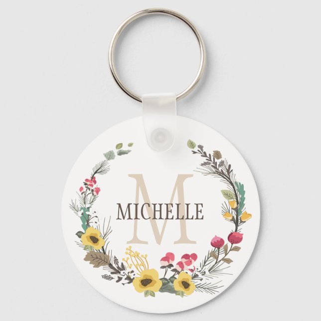 Porte-clés Monogramme floral personnalisé Fleurs de bois (Recto)