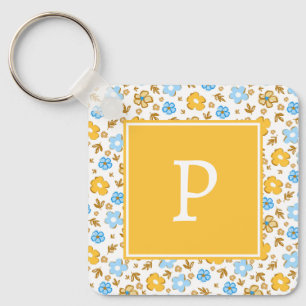 Porte-clés Monogramme Floral Printanier Jaune Bleu Rustique