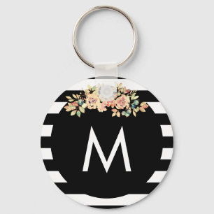 Porte-clés Monogramme floral rayé noir