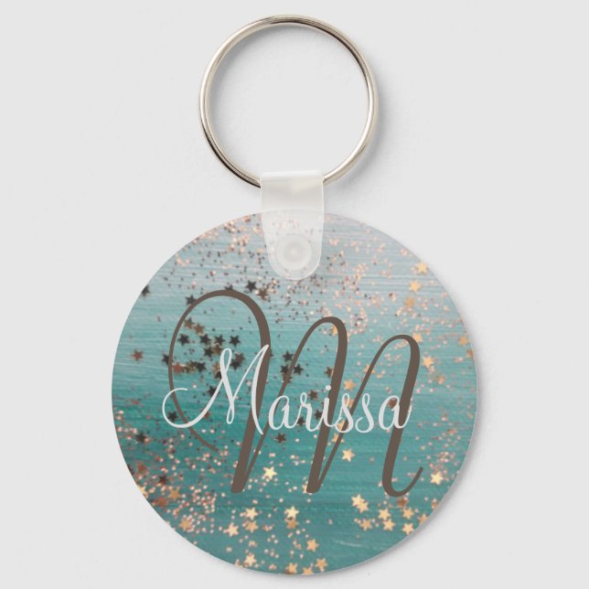 Porte-clés Monogramme Gold Stars sur bouton Turquoise (Recto)