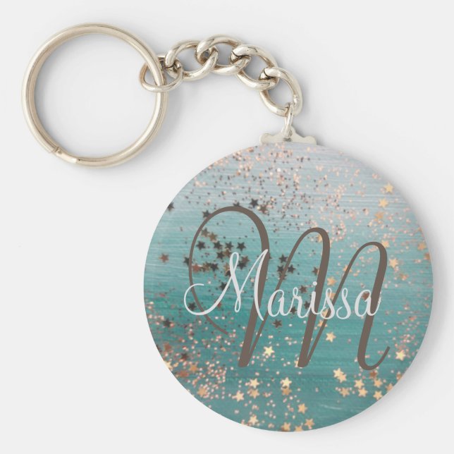 Porte-clés Monogramme Gold Stars sur bouton Turquoise (Devant)