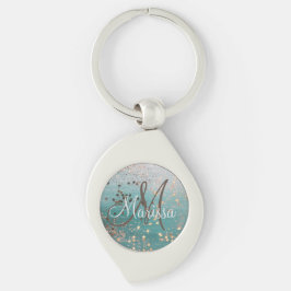 Porte-clés Monogramme Gold Stars sur bouton Turquoise Ke