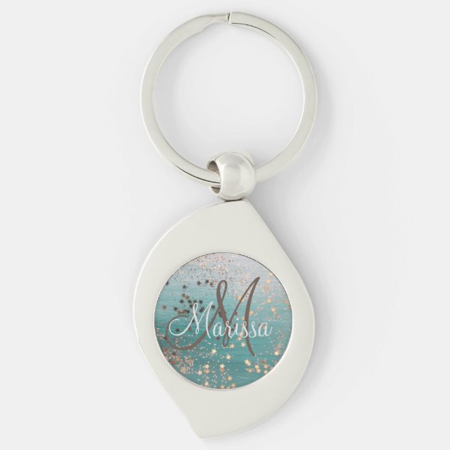 Porte-clés Monogramme Gold Stars sur bouton Turquoise Ke (Devant)