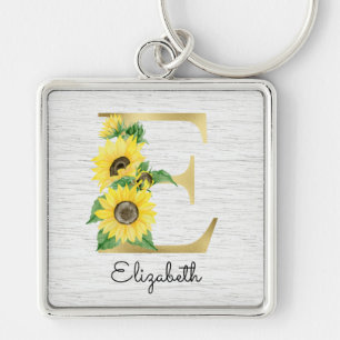 Porte-clés Monogramme Gold Sunflower Girl Floral Initial E