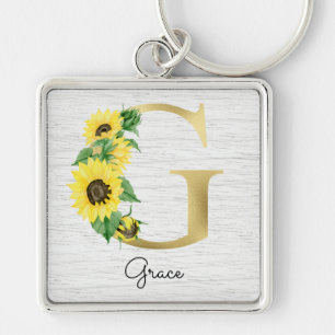 Porte-clés Monogramme Gold Sunflower Girl Floral Initial G