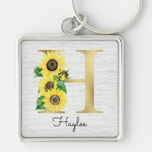 Porte-clés Monogramme Gold Sunflower Girl Floral Initial H