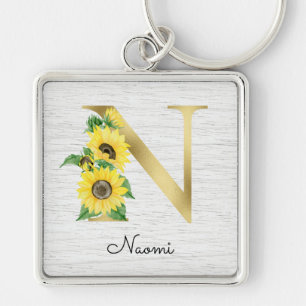 Porte-clés Monogramme Gold Sunflower Girl Floral Initial N