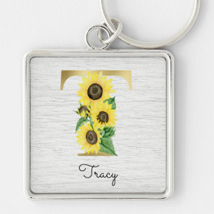 Porte-clés Monogramme Gold Sunflower Girl Floral Initial T