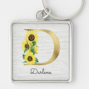 Porte-clés Monogramme Gold tournesol Girl Floral Initial D