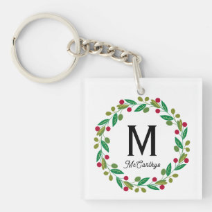 Porte-clés Monogramme initial - couronne de Noël