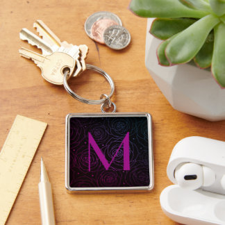 Porte-clés Monogramme Initial Fleur de Rose Foncé Magenta Vio