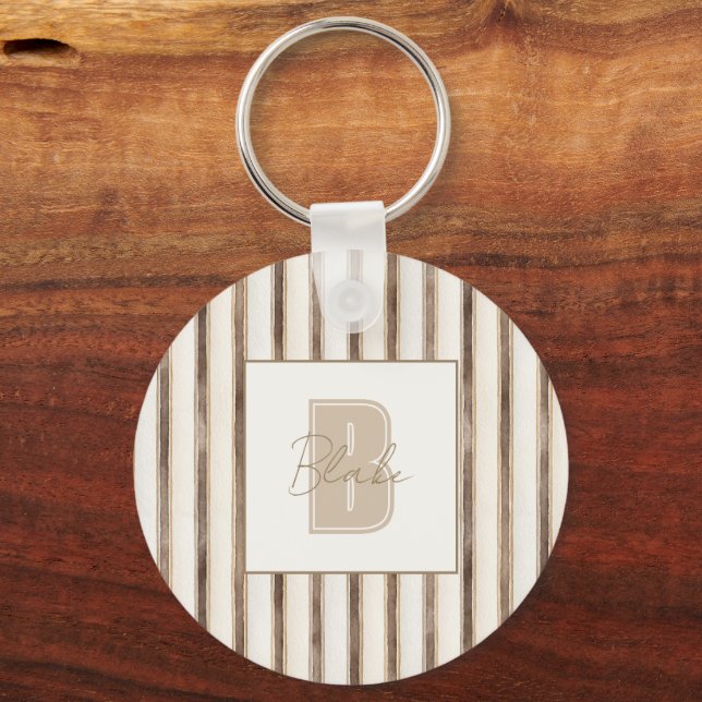 Porte-clés Monogramme Initial Nom Rayures Marron Crème (Recto)