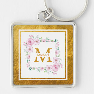 Porte-clés Monogramme Initiale "M" Floral - Roses Roses & Or