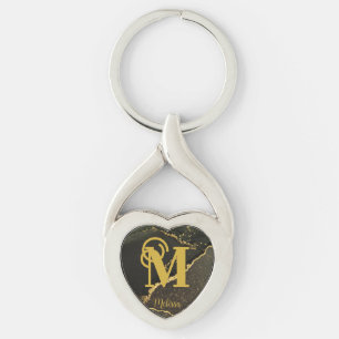 Porte-clés Monogramme marbré noir et or moderne