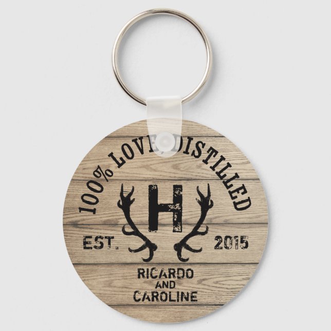 Porte-clés Monogramme Mariage de baril de bois personnalisé (Recto)