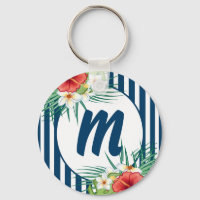 Monogramme moderne à rayures et fleurs bleues