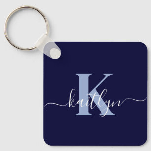 Porte-clés Monogramme Moderne en Écriture Manuscrite Bleu Nui