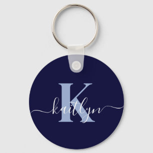 Porte-clés Monogramme Moderne en Écriture Manuscrite Bleu Nui