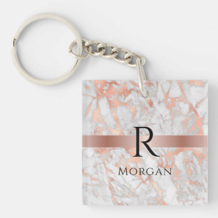 Porte-clés Monogramme noir et nom, marbre d'or blanc et Rose