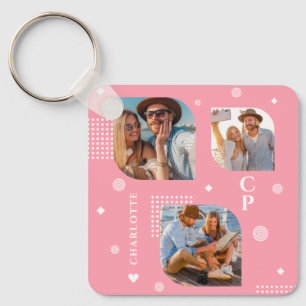 Porte-clés Monogramme Nom 3 Photo Collage tendance