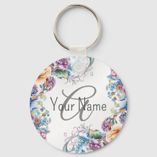 Porte-clés Monogramme Nom Colorful Floral Frame Élégant Moder
