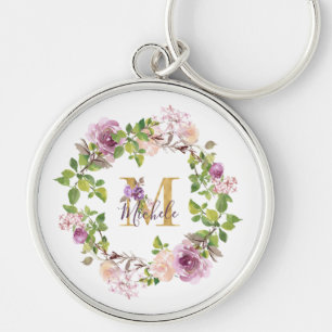 Porte-clés Monogramme Or moderne M Aquarelle Florale Wreath